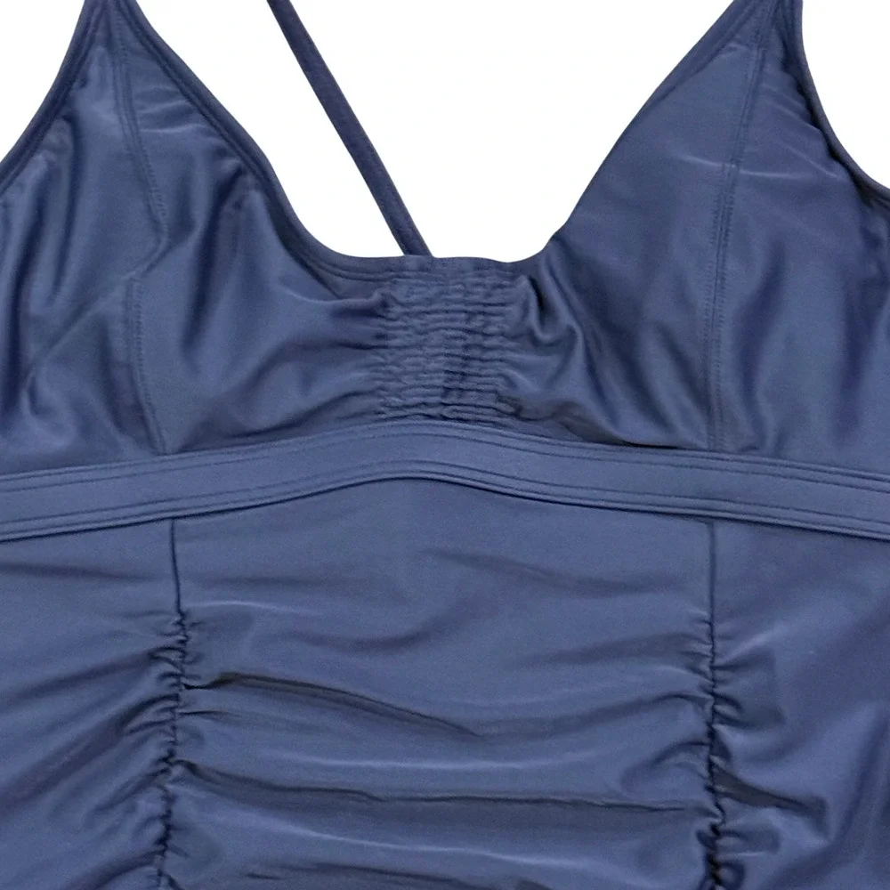 Athleta Aqualuxe Ruched Tankini Top Navy Blue 36 B/C NWT UPF 50+